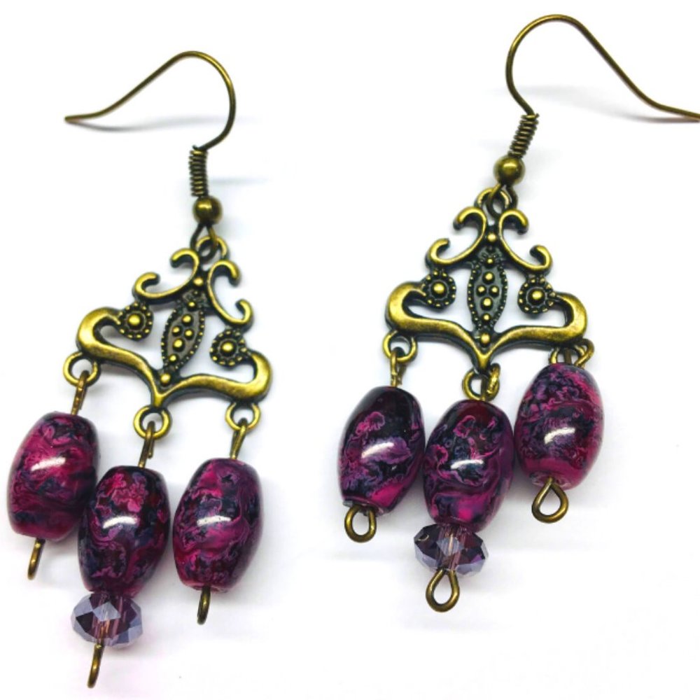 Purple Tiger Eye Antique Brass Chandelier Earrings